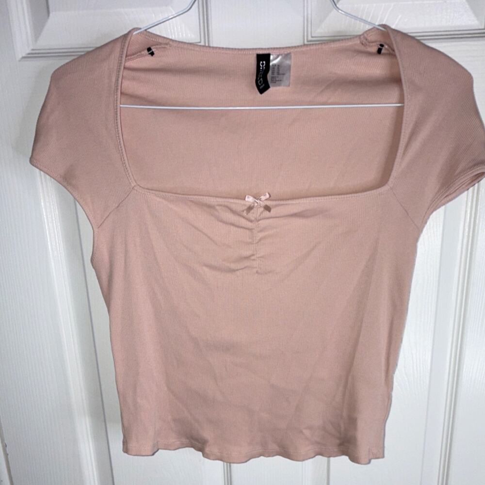 Divided Blush Pink Ribbed Square Neck Cropped T-Shirt XL Bow Ruched Short Sleeve